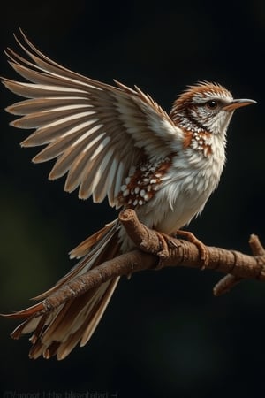 A sparrow perched on a branch, wings spread and flapping, captured in an ultra-professional 8K photograph with a fast shutter speed. The scene is illuminated by strong backlight, creating very contrasting shadows that accentuate the bird's delicate and detailed feathers. The background is slightly blurred, focusing attention on the sparrow's very fine details, including the texture of the branch and the intricate patterns on the wings. The composition is a masterpiece, capturing a moment of miracles.