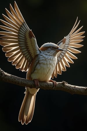 A sparrow resting on a branch, wings spread wide, captured in a close-up shot. The scene is illuminated by strong backlighting, casting very contrasting shadows that highlight the bird's intricate feathers. The background is slightly blurred, focusing attention on the sparrow's very fine and elaborate details, including the texture of the branch and the delicate patterns on the wings.