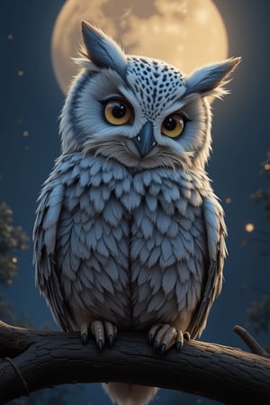 Solo, a digital official art image of a small owl tilting its head to look at the camera. A great photo, with the owl perched on a branch and a large moon in the background. A masterpiece.