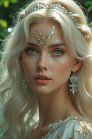 A rococo-style girl with the highest quality and detailed features, showcasing long, wavy white hair and mesmerizing green eyes adorned with intricate silver decorations on her face. She wears silver earrings and gold-colored lipstick, with her eyes rendered in extreme detail, embodying the essence of a PCV character. The scene is set with opulent magic elements, enhancing the overall aesthetic with a blend of elegance and mysticism. The composition is framed with meticulous attention to detail, ensuring every aspect is of perfect quality, from her delicate facial features to the magical ambiance surrounding her.