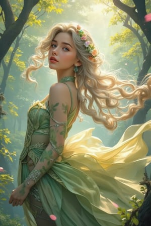 Anime style illustration of an extremely detailed, radiant 20-year-old spirit elf in a sun-dappled forest glade. Her head is adorned with colored crystals, and her dynamic, elegant movements are ethereal and three-dimensional. Illuminated by the soft morning sun, she wears a crown of flowers in her long silver curly hair, and exquisite light green and light yellow armor wraps her graceful figure. Leaf patterned tights and silver edge earrings add subtle glamor to her divine face. Her bright blue eyes sparkle like gems, set in a masterpiece of beauty beyond human comprehension. The air is filled with vibrant visuals of color, as black and white lines intertwine to mimic the intricate crystal structures that adorn her. Neoclassical art style.