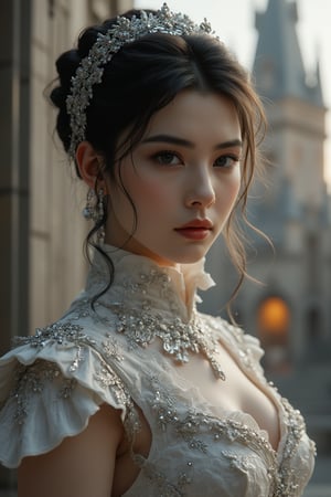 A full portrait of an elegant, ornate young Victorian girl, depicted in a heroic stance. She has black hair with titanium trim, styled in silver silk, and is set against a grand castle backdrop. The head and shoulders portrait is rendered in ultra-high 128k resolution, showcasing intricate details. The artwork is a masterpiece, with top quality and beauty, inspired by Leonardo's style. The girl exudes cyberpunk vibes, with a full-body depiction, and is created by midjourneyart.