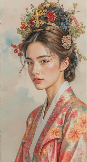 A beautiful European beauty, tall, sexy, and well-proportioned, wears ancient Korean-style clothes and has a hairstyle popular in the ancient Korean dynasty. She exudes a sense of fashionable aristocracy and customs, casual and elegant. The artwork is meticulously and realistically depicted in watercolor and gouache, displaying lifelike quality and masterpiece status. 128K resolution captures colorful light wavelengths, mesmerizing reflections, and the delicate gouache sketch in the center. Ancient art styles highlight beauty and sophistication.