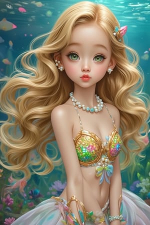 In a large seawater aquarium museum, an aquarium showcases a cute Q-version girl as a real golden mermaid, using shells to cover key parts of her chest. Her beautiful golden wavy silky long hair spreads out in the water, and she slightly purses her lips, looking directly at the audience. She wears hairpins, a rainbow pearl necklace, pearl earrings, and pearl bracelets. With big smart green eyes and long eyelashes, she is very beautiful and cute. The aquarium also features other fish species and aquatic plants. The focus of the scene is her playful expression and bright colors. This stunningly beautiful artwork captures the essence of a joyful moment.