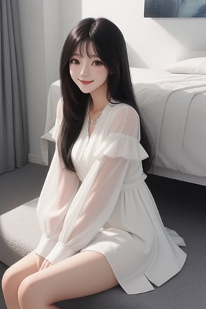 1girl, age 25,solo, long hair, looking at viewer, smile, black hair, long sleeves, sitting, white body, white gauze dress.