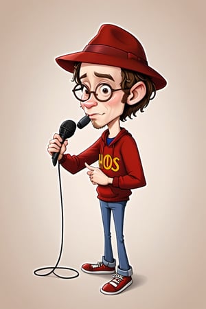 desenho animado de um homem com chapéu vermelho e óculos segurando um microfone, caricatura style, em estilo cartoon, Estilo de clipart de Harry Volk, caricatura!!!, Imagem de desenho animado, estilo de arte dos desenhos animados, caricatura illustration, ilustração profissional, por Chinwe Chukwuogo-Roy, caricatura, parecendo muito legal e estiloso, !!! muito coerente!!! arte vetorial