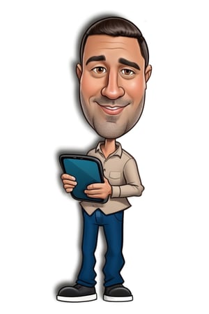 8k, cartoon of a man holding a tablet in his hands, caricature style, caricature illustration, cartoon digital art, caricature, caricaturista alarcón, digital art cartoon, cartoon portrait, caricature!!!, caricature, cartoon style Harry Volk clip art, in cartoon style, caricature, he is holding a smartphone, cartoon art style