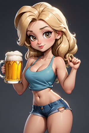 cartoon woman holding a beer mug and a glass of beer, in cartoon style, cartoon style, caricature illustration, cel shaded!!!, chibi, cartoon style illustration, cute woman, caricature, cartoon art style, holding a beer!!, shaded cel:15, cartoon, blonde, professional illustration, blonde women, blonde woman, 8k