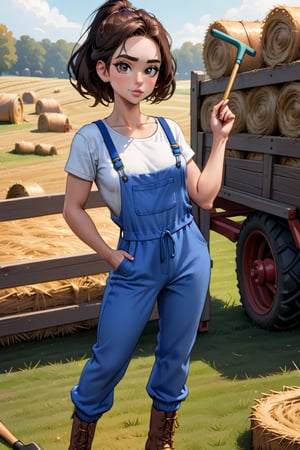 Digital Drawing, 8k, Best quality, woman with an athletic body, wearing a white t-shirt, blue strap jumpsuit, brown boots, buckle feel, snub nose, full lips, with one hand on her waist and the other holding a rake, she is posing for a photo in front of a hay cart.
