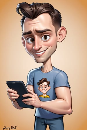 8k, cartoon of a man holding a tablet in his hands, caricature style, caricature illustration, cartoon digital art, caricature, caricaturista alarcón, digital art cartoon, cartoon portrait, caricature!!!, caricature, cartoon style Harry Volk clip art, in cartoon style, caricature, he is holding a smartphone, cartoon art style