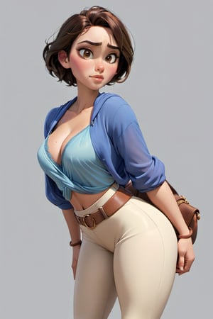 Digital drawing of a woman with short dark brown hair, thick eyebrows, large brown eyes, upturned nose, sexy and full lips, Fitness Body, blue blouse with an emphasis on the neckline up to the navel, wearing a shawl, tight cream body pants, with a bag hanging on her left arm, wearing brown sandals, 8k, Pixar style