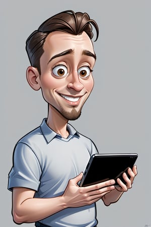 8k, cartoon of a man holding a tablet in his hands, caricature style, caricature illustration, cartoon digital art, caricature, caricaturista alarcón, digital art cartoon, cartoon portrait, caricature!!!, caricature, cartoon style Harry Volk clip art, in cartoon style, caricature, he is holding a smartphone, cartoon art style