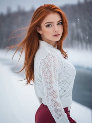 A stunning 21-year-old Russian woman with fiery red locks cascading down her back, poses confidently in a trendy 2024FY outfit. Her captivating gaze has a mesmerizing spell, as if drawing the viewer in. In a candid shot, she stands against a blurred snow backdrop, her perfect facial proportions and beautiful eyes taking center stage. The 4K resolution captures every detail, from her luscious long hair to the subtle curves of her cheeks.