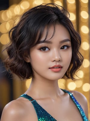 A stunning 21-year-old Thai woman , poses confidently in a trendy 2024FY glitter fabric outfit. Her captivating gaze has a mesmerizing spell, eyeshadow makeup, candid shot photography style, she stands against a blurred ((blur square bokeh)) backdrop , her perfect facial proportions and beautiful eyes taking center stage. The 4K resolution captures every detail, from her luscious shot haircut to the subtle curves of her cheeks, current tooth ,more detail, closed-mouth, curly hair, full body shot 
