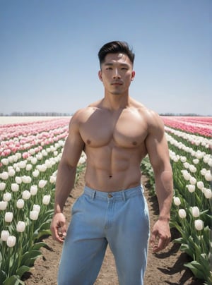 The sae of white Tulips, posing in a vast tulips field against an endless blue sky horizon, Rule of Third backdrop, The scene is captured with a wide-angle lens, bathed in cinematic lighting to accentuate the dynamic pose and dramatic atmosphere,a statuesque chinese man stands tall, his muscular shirt.His striking eyes, lock intensely onto the camera, while full and pink lips curve into a subtle smirk. Stubble adds a rugged touch to his chiseled features. Undercut hairstyle, he exudes confidence in a dynamic pose that seems to defy gravity. The overall atmosphere is one of mystique and intensity. 