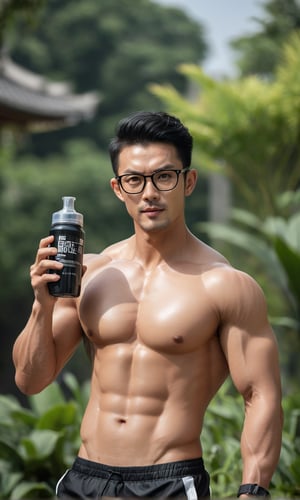 a statuesque asia man ,stands tall, his muscular physique glistening with petroleum oil that accentuates every contour,striking eyes,   glasses, lock at camera, full healthy lips , Stubble, black hair, bathing_suit, holding 
Protein shake, dynamic pose that seems to defy gravity,perfect split lighting,perfect proportions face , blurred garden backdrop 