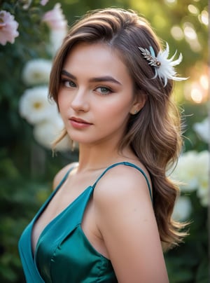A stunning 21-year-old Russian woman , poses confidently in a trendy 2024FY Satin dress.Feather stuck to shoulder, Her captivating gaze has a mesmerizing spell, Attach a hair clip,look at viewer . In a candid shot, she stands against a blurred((start  bokeh)) flowers garden backdrop , her perfect facial proportions and beautiful eyes taking center stage. The 4K resolution captures every detail, from her luscious shot haircut and highlights color to the subtle curves of her cheeks, strictly tooth ,more detail, closed-mouth,