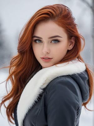 A stunning 21-year-old Russian woman with fiery red locks cascading down her back, poses confidently in a trendy 2024FY outfit. Her captivating gaze has a mesmerizing spell, as if drawing the viewer in. In a candid shot, she stands against a blurred snow backdrop, her perfect facial proportions and beautiful eyes taking center stage. The 4K resolution captures every detail, from her luscious long hair to the subtle curves of her cheeks, current tooth 