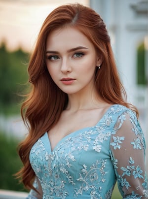 Russian woman, beautiful, 21 years old, young looking, long_hair , red hair, wearing a nice dress,  eyes,  picture 4K, 