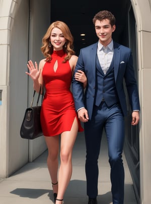 Create an image of two people standing apart. The first person is a man in a blue suit, smiling and holding a briefcase. The second person is a woman in a red dress, waving and holding a handbag. There should be a clear space between them.