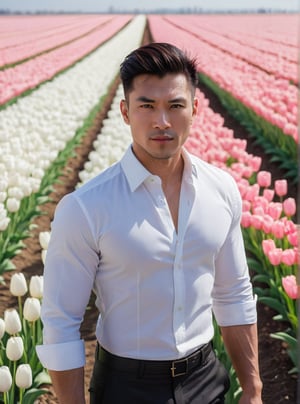 The sae of Tulips, posing in a vast white tulips field against an endless blue sky horizon, The scene is captured with a wide-angle lens, bathed in cinematic lighting to accentuate the dynamic pose and dramatic atmosphere,a statuesque chinese man stands tall, his muscular shirt.His striking eyes, lock intensely onto the camera, while full and pink lips curve into a subtle smirk. Stubble adds a rugged touch to his chiseled features. Undercut hairstyle, he exudes confidence in a dynamic pose that seems to defy gravity. The overall atmosphere is one of mystique and intensity.