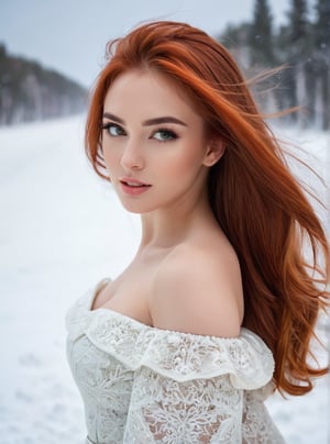 A stunning 21-year-old Russian woman with fiery red locks cascading down her back, poses confidently in a trendy 2024FY outfit. Her captivating gaze has a mesmerizing spell, as if drawing the viewer in. In a candid shot, she stands against a blurred snow backdrop, her perfect facial proportions and beautiful eyes taking center stage. The 4K resolution captures every detail, from her luscious long hair to the subtle curves of her cheeks, current tooth 
