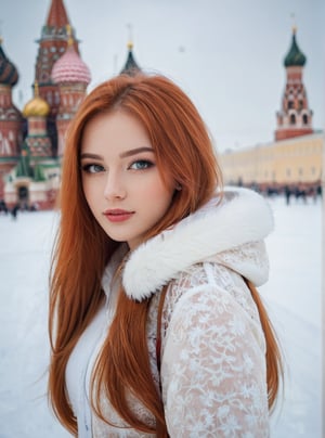 Russian woman, beautiful, 21 years old, young looking, long_hair , red hair, wearing Russian 2024FY trending outfit, beautiful eyes, 4K resolution,  perfect proportions of face, blurred snow backdrop, Candid Shots photography 