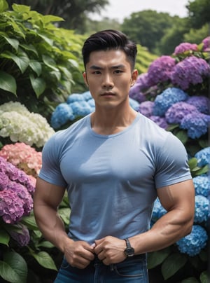 Masterpiece of sharp features male with side part hairstyle,Against the vibrant backdrop of multiple rows of Hydrangea bushes, as tall as his waist, a statuesque Chinese man stands tall, his muscular frame clad in a ripped jeans, he gracefully holds a bouquet of Hydrangea on left hand, the right hand  putting pocket. His gaze, intense and confident, locks at camera, emanating a sense of power and poise. Both hands are positioned with a clear distance between them, adding to the balanced composition of the image. The scene is captured with a wide-angle lens, bathed in cinematic lighting to accentuate the dynamic pose and dramatic atmosphere, he body  
 sweating 