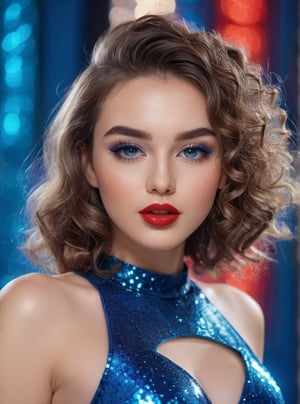 A stunning 21-year-old Russian woman , poses confidently in a trendy 2024FY glitter fabric outfit. Her captivating gaze has a mesmerizing spell, extremely blue eyeshadow makeup, candid shot, she stands against a blurred ((start  bokeh))  backdrop , her perfect facial proportions and beautiful eyes taking center stage. The 4K resolution captures every detail, from her luscious shot haircut to the subtle curves of her cheeks, current tooth ,more detail, closed-mouth, lipstick model and She holds lipstick to promote a sale.curly hair