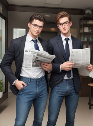 Create an image of two men standing apart. The first man is wearing a black suit and tie, with glasses and a serious expression. He is holding a newspaper. The second man is in casual attire, wearing jeans and a t-shirt, with a relaxed posture and a friendly smile. Ensure there is a clear distance between them.