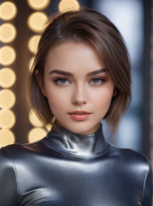 A stunning 21-year-old Russian woman , poses confidently in a trendy 2024FY metal fabric outfit. Her captivating gaze has a mesmerizing spell, as if drawing the viewer in. In a candid shot, she stands against a blurred((start  bokeh)) office backdrop , her perfect facial proportions and beautiful eyes taking center stage. The 4K resolution captures every detail, from her luscious shot haircut to the subtle curves of her cheeks, current tooth ,more detail, closed-mouth,