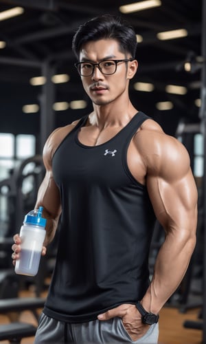 a statuesque asia man ,stands tall, his muscular physique glistening with petroleum oil that accentuates every contour,striking eyes,   glasses, lock at camera, full healthy lips , Stubble, black hair, gym_clothes, holding 
Proteinshake without straw, dynamic pose that seems to defy gravity,perfect split lighting,perfect proportions face , blurred gym backdrop ,Muscle