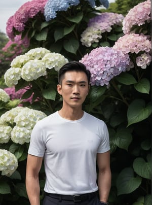 Against the vibrant backdrop of multiple rows of Hydrangea bushes, as tall as his waist, a statuesque Chinese man stands tall, his muscular frame clad in a white t-shirt. With one hand, he gracefully holds a bouquet of Hydrangea, while the other rests casually in his pocket. His gaze, intense and confident, locks onto the camera, emanating a sense of power and poise. Both hands are positioned with a clear distance between them, adding to the balanced composition of the image. The scene is captured with a wide-angle lens, bathed in cinematic lighting to accentuate the dynamic pose and dramatic atmosphere.