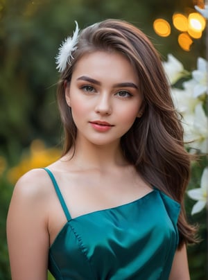 A stunning 21-year-old Russian woman , poses confidently in a trendy 2024FY Satin dress.Feather stuck to shoulder, Her captivating gaze has a mesmerizing spell, Attach a hair clip,look at viewer . In a candid shot, she stands against a blurred((start  bokeh)) flowers garden backdrop , her perfect facial proportions and beautiful eyes taking center stage. The 4K resolution captures every detail, from her luscious shot haircut to the subtle curves of her cheeks, strictly tooth ,more detail, closed-mouth,