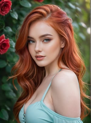 A stunning 21-year-old Russian woman with fiery red locks cascading down her back, poses confidently in a trendy 2024FY outfit. Her captivating gaze has a mesmerizing spell, as if drawing the viewer in. In a candid shot, she stands against a blurred rose garden backdrop, her perfect facial proportions and beautiful eyes taking center stage. The 4K resolution captures every detail, from her luscious shot hair to the subtle curves of her cheeks, current tooth ,more detail, closed-mouth,