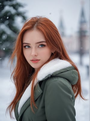 Russian woman, beautiful, 21 years old, young looking, long_hair , red hair, wearing Russian 2024FY trending outfit, beautiful eyes, 4K resolution,  perfect proportions of face, blurred snow backdrop, Candid Shots photography 