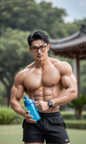 a statuesque asia man ,stands tall, his muscular physique glistening with petroleum oil that accentuates every contour,striking eyes,   glasses, lock at camera, full healthy lips , Stubble, black hair, bathing_suit, holding 
Protein shaker and Write 'Dream Shape ' on protein shaker, dynamic pose that seems to defy gravity,perfect split lighting,perfect proportions face , blurred garden backdrop 