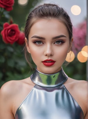 A stunning 21-year-old Russian woman , poses confidently in a trendy 2024FY metal fabric outfit. Her captivating gaze has a mesmerizing spell, as if drawing the viewer in. In a candid shot, she stands against a blurred((start  bokeh)) rose garden backdrop , her perfect facial proportions and beautiful eyes taking center stage. The 4K resolution captures every detail, from her luscious shot haircut to the subtle curves of her cheeks, current tooth ,more detail, closed-mouth, lipstick model and She holds lipstick to promote a sale.