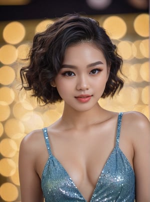 A stunning 21-year-old Thai woman , poses confidently in a trendy 2024FY glitter fabric outfit. Her captivating gaze has a mesmerizing spell, eyeshadow makeup, candid shot photography style, she stands against a blurred ((blur square bokeh)) backdrop , her perfect facial proportions and beautiful eyes taking center stage. The 4K resolution captures every detail, from her luscious shot haircut to the subtle curves of her cheeks, current tooth ,more detail, closed-mouth, curly hair, full body shot , sharp features of mouth and teeth 