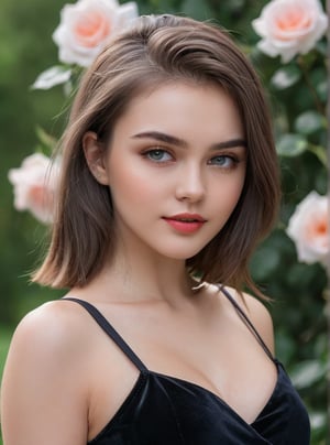 A stunning 21-year-old Russian woman , poses confidently in a trendy 2024FY outfit. Her captivating gaze has a mesmerizing spell, as if drawing the viewer in. In a candid shot, she stands against a blurred rose garden backdrop, her perfect facial proportions and beautiful eyes taking center stage. The 4K resolution captures every detail, from her luscious shot haircut to the subtle curves of her cheeks, current tooth ,more detail, closed-mouth,