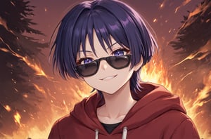 8K,4K,masterpiece,best quality,High quality eye details, hair between eyes,
,score_9,purple hair,purple eyes,bangs,short hair,scara,sunglasses,IncrsXLDealWithIt,BREAK,source_anime,score_4_up,score_5_up,score_6_up,score_7_up,score_8_up,sunglasses, anime, 1boy,hoodie, smug, burning house behind,burning trees,Leave the scene quickly,action action