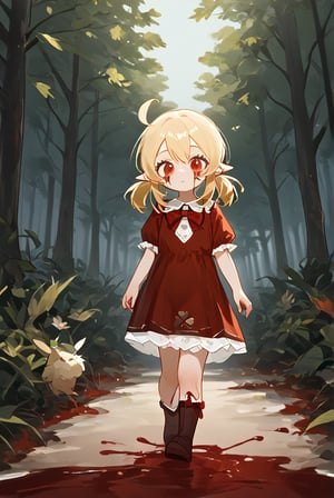 8K,4K,masterpiece,best quality,High quality eye details,red_eyes, blonde_hair, medium_hair, low_twintails, sidelocks, ahoge, pointy_ears, flat_chest,Bloody Bunny,Klee_(Genshin_Impact),red mushy liquid,zombie,Walking in the bloody forest