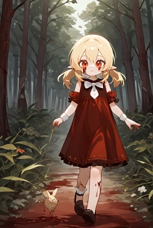8K,4K,masterpiece,best quality,High quality eye details,red_eyes, blonde_hair, medium_hair, low_twintails, sidelocks, ahoge, pointy_ears, flat_chest,(Bloody Bunny),Klee_(Genshin_Impact),red mushy liquid,zombie,(Walking in the bloody forest)