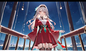  In this masterpiece, purity and ideal beauty reign supreme. masterpiece, best quality, very aesthetic, ray tracing, newest,(hitenkei, askzy:0.5),moonlight at night,firefly \(honkai: star rail\),black thighhighs, hairband,gradient skirt, hair ornament, blouse,bridge without end,He is wearing a red kimono,Look at me, perfect shot