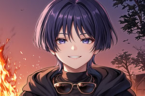 8K,4K,masterpiece,best quality,High quality eye details, hair between eyes,
,score_9,purple hair,purple eyes,bangs,short hair,scara,sunglasses,IncrsXLDealWithIt,BREAK,source_anime,score_4_up,score_5_up,score_6_up,score_7_up,score_8_up,sunglasses, anime, 1boy,hoodie, smug, burning house behind,burning trees,Leave the scene quickly