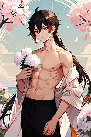 (1boy, black hair, long hair, orange eyes, looking at camera, spiral_eyes, small chest muscles), portrait, holding flowers, (masterpiece, best quality:1.4), (Beautifully Aesthetic:1.2),cute, smiling, happy, peace, tranquility, serenity, hydrangeas, orchicds, sakura, flowers (innocent grey), petals, exposed shoulders, collarbone, White swimming trunks, pastel colors, rain, complex background,character (series)