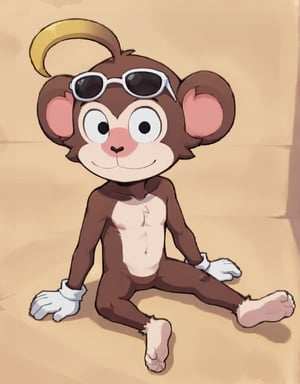 Slumrnana_monkey,smile, 1boy, sitting, closed mouth, full body, ahoge, black eyes, no humans,shade,shadow,monochrome,parody, simple background,sunglasses