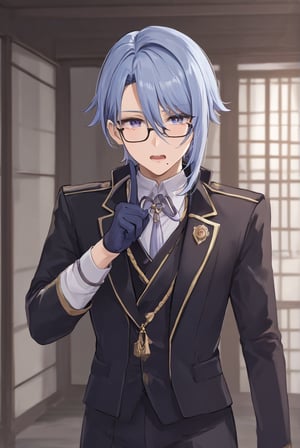 8K,4K,masterpiece,best quality,High quality eye details,kamisato ayato,blue hair,hair between eyes,bangs,mole,mole under mouth,blue eyesgloves,black gloves,, tearing up,score_9,In Japanese style room,Open your mouth to complain about you, ((Black deacon uniform)), glasses,sole_male,sharp eyes,black butler jacket,black business suit,finger pointing at you