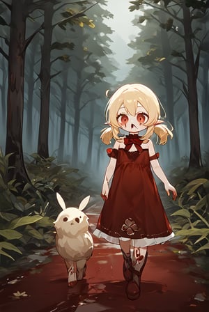 8K,4K,masterpiece,best quality,High quality eye details,red_eyes, blonde_hair, medium_hair, low_twintails, sidelocks, ahoge, pointy_ears, flat_chest,((Bloody Bunny)),Klee_(Genshin_Impact),red mushy liquid,zombie,(Walking in the bloody forest)