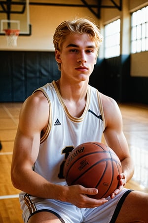 A shot framed in warm, golden light within a school gymnasium setting. A blonde 18-year-old Swiss model sits pensively in the school gym, dressed in a school gym attire, with one arm wrapped around a basketball as he locks eyes directly into the camera lens. His almond-shaped eyes sparkle with captivating intensity, complemented by defined cheekbones and soft lips. The gentle illumination accentuates the sharpness of his nose, highlighting his handsome features amidst the school setting.